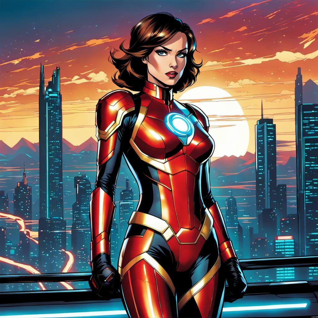 Iron WoMan in Futuristic Armor, Cityscape Sunset