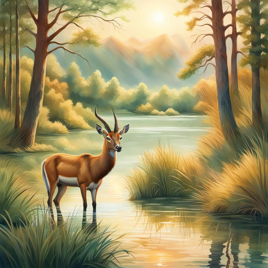 Antelope Drinking From a Lake in Pastel Colors
