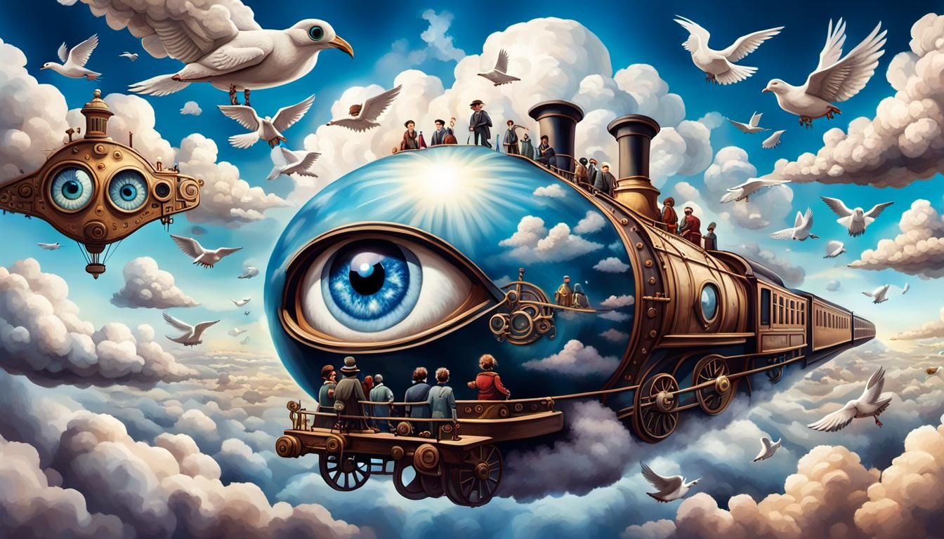 Visionary Fantasy Landscape with Steam Train and Giant Eye