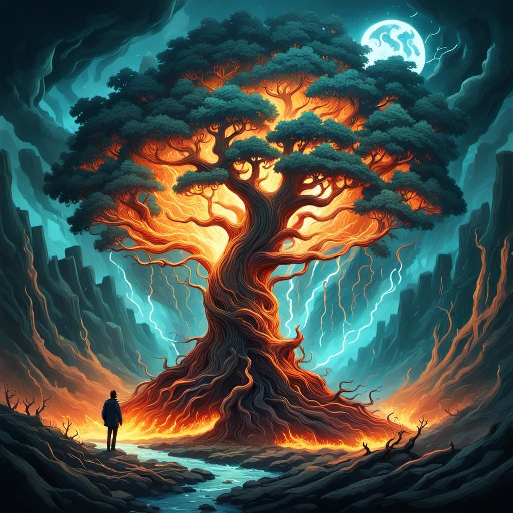 Fiery Tornado Trees in Fantasy Art Style