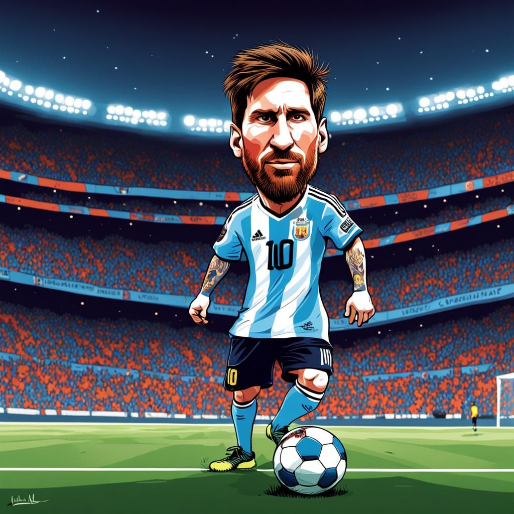 Messi Caricature Kicking Soccer Ball in Argentina Jersey