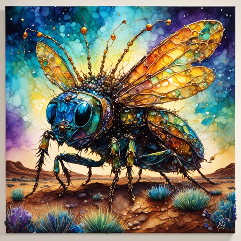 <lora:Little Whimsy:1.0> <lora:PR Alcohol WC Glass:1.0> Alcohol ink of a gigantic lightning bug whose light guides a car...