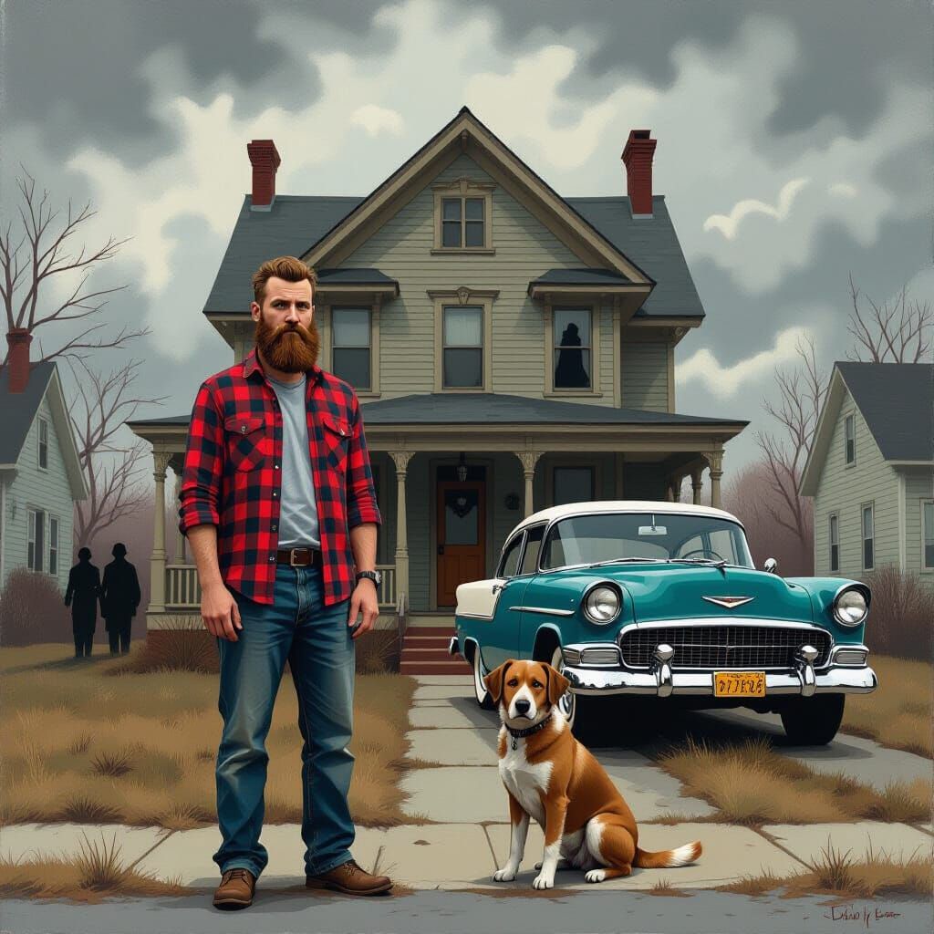 Gloomy Encounter: Man and Dog in Nostalgic Americana Style