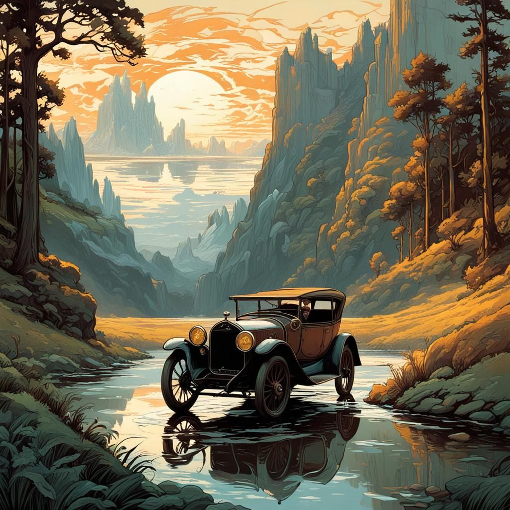 Idyllic Car Trip in Art Nouveau Style