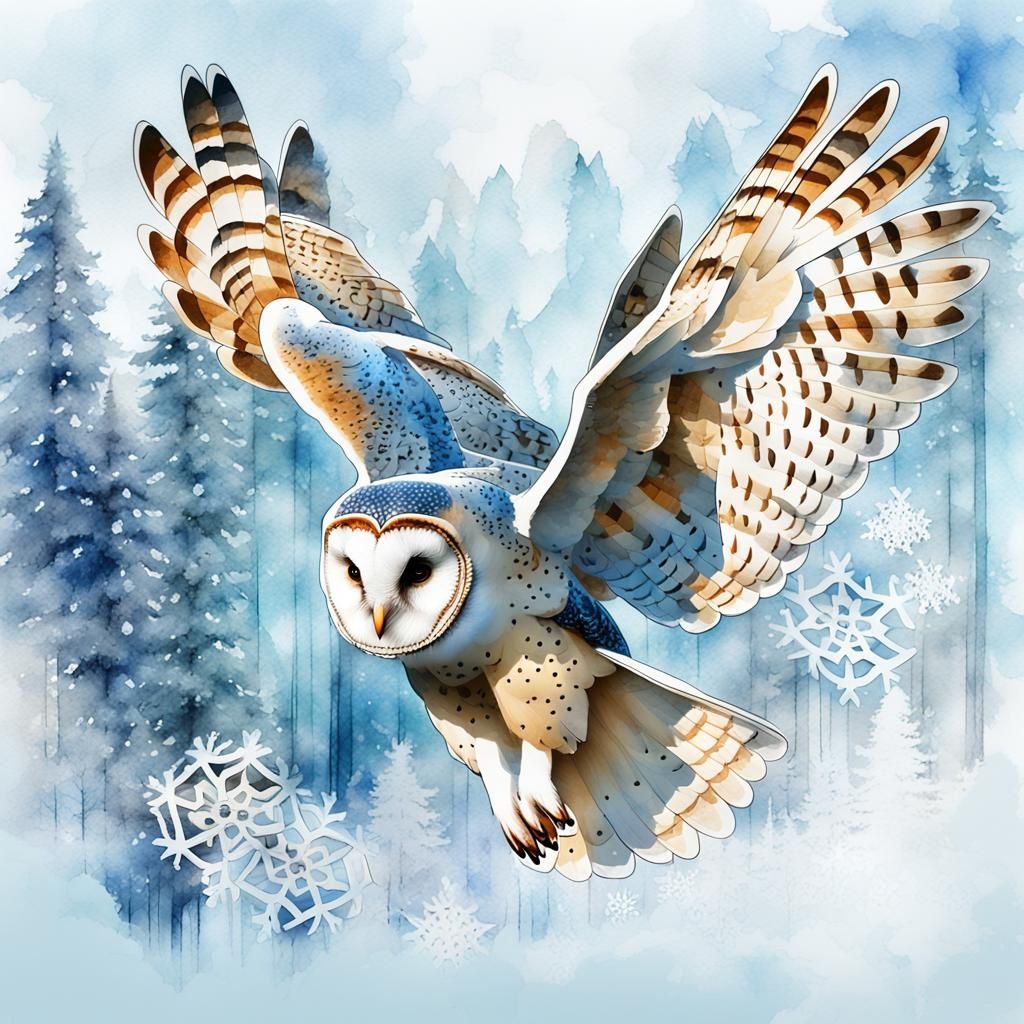 Barn Owl in Snowy Forest: Digital Watercolor Illustration