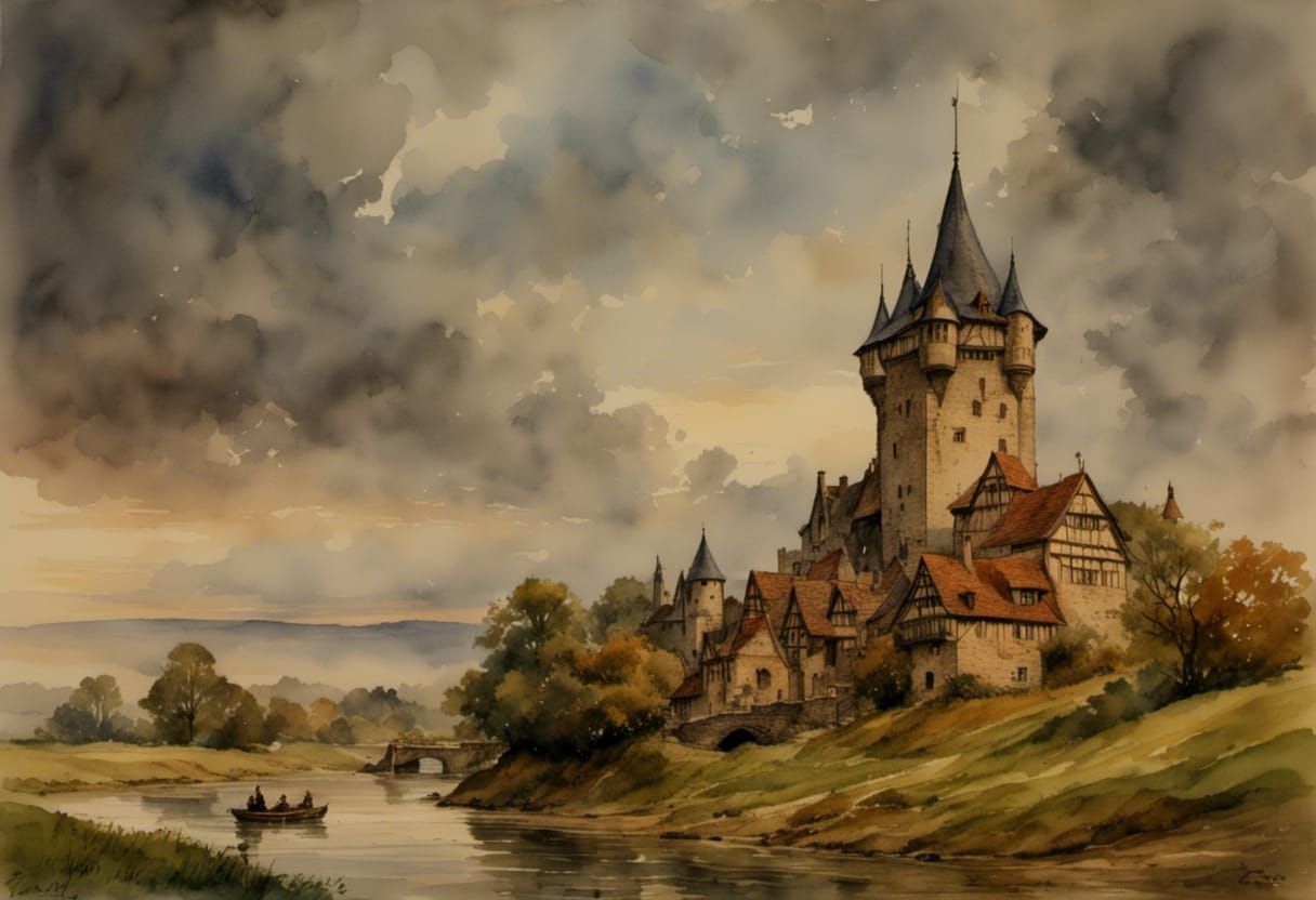 Medieval Castle at Dusk Beside River