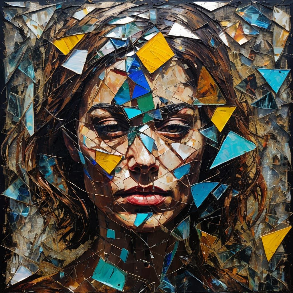 Neo-Expressionist Portrait of Woman in Shattered Glass Dress