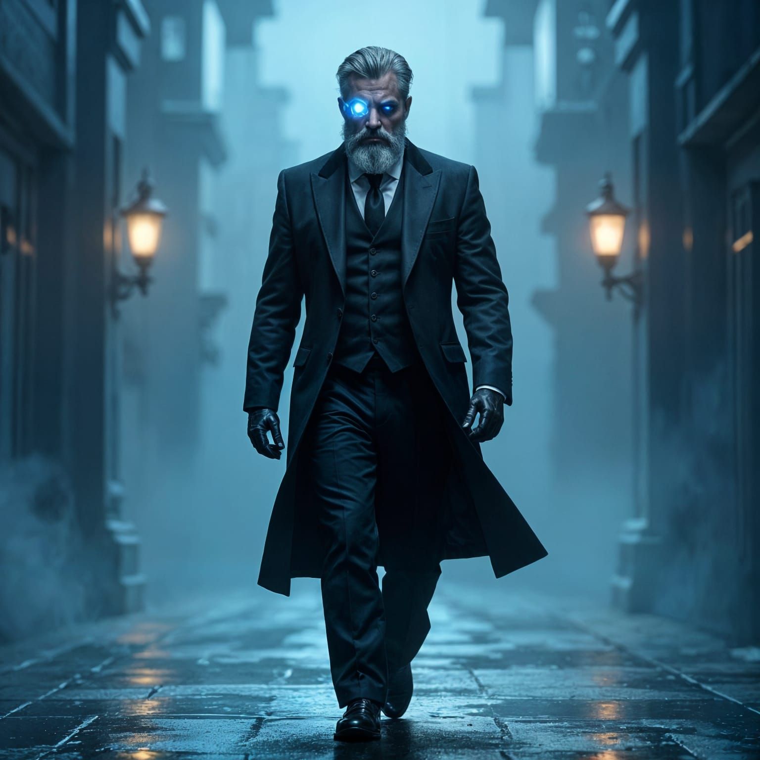 Cybernetic Man Emerges from Shadow in Dark Sci-Fi Style