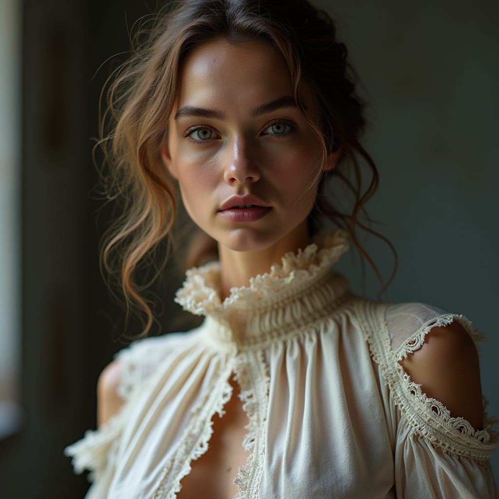 Fashion Model in Haute Couture Garment with Raw Edges