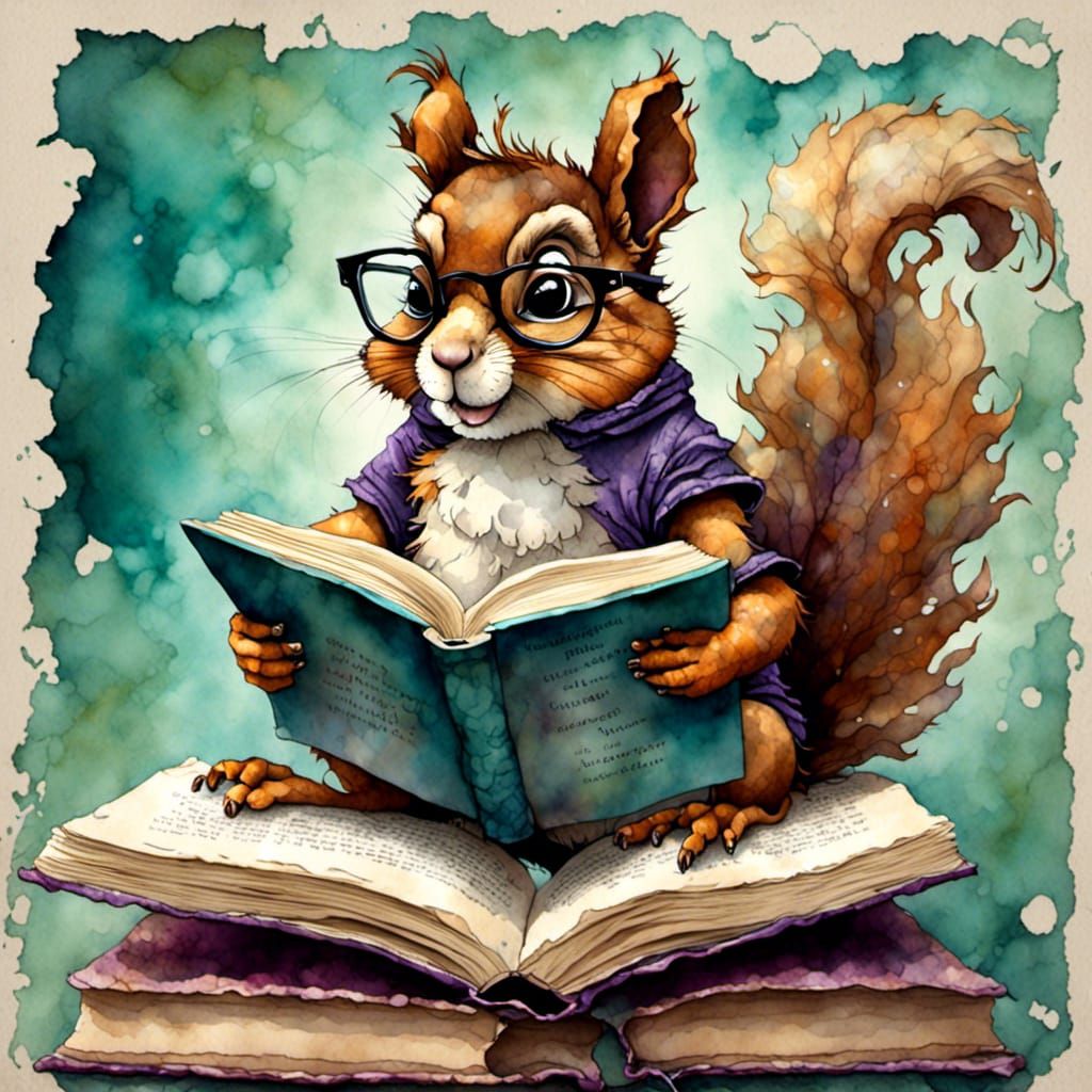 Squirrel Reading a Book with Glasses
