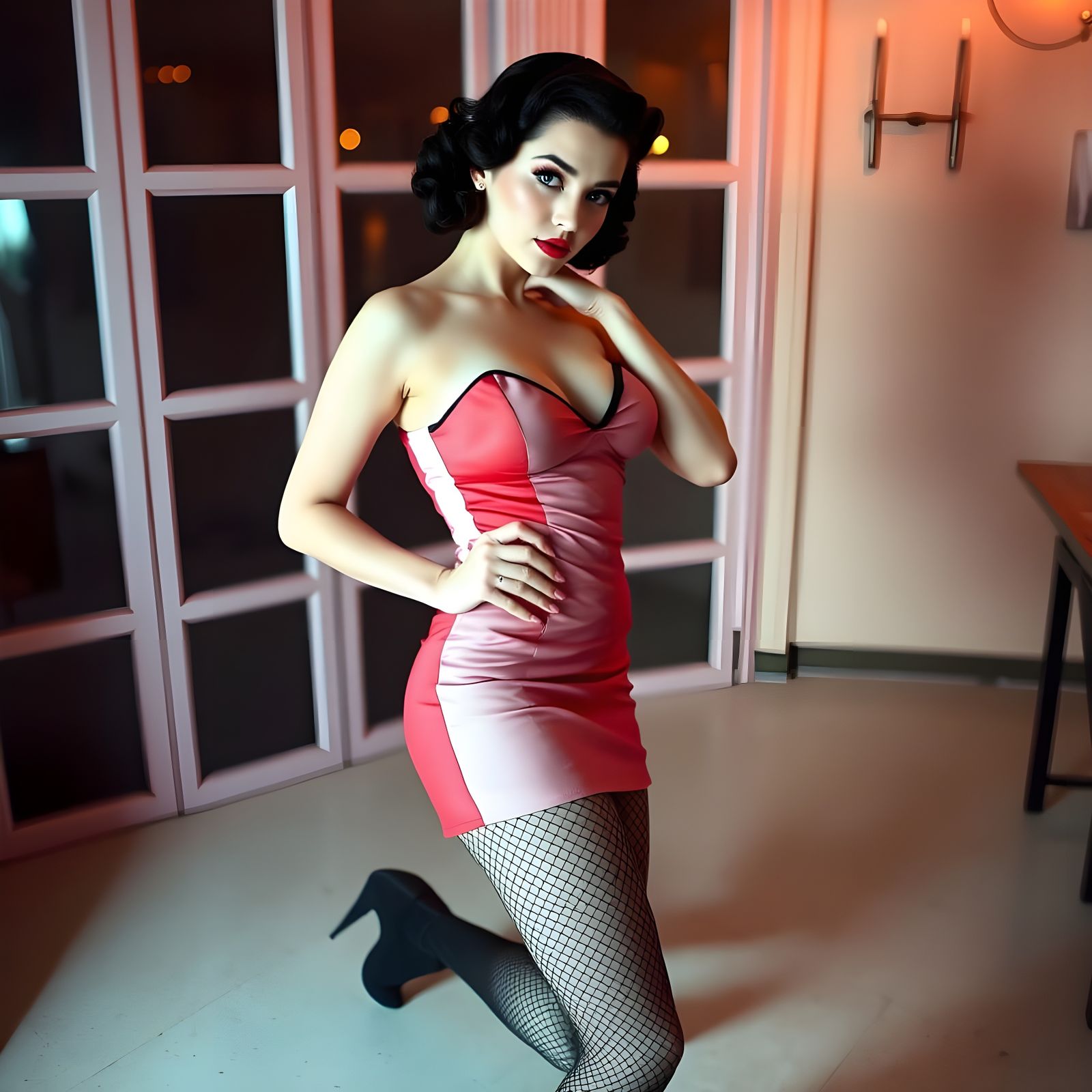 Pin-Up Woman in Harlequin Dress, Sensual Art Style