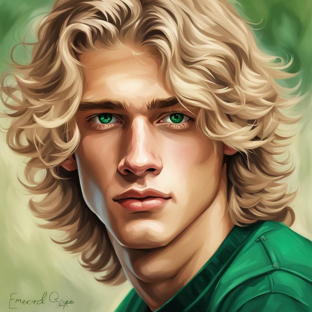 Handsome Blond Boy Portrait with Emerald Green Eyes