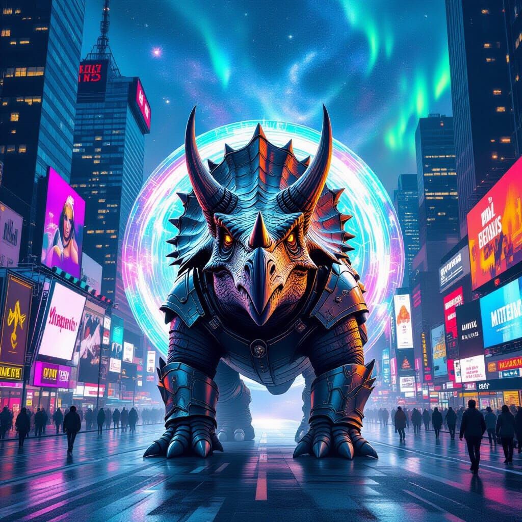 Armored Triceratops Guards Portal in Times Square
