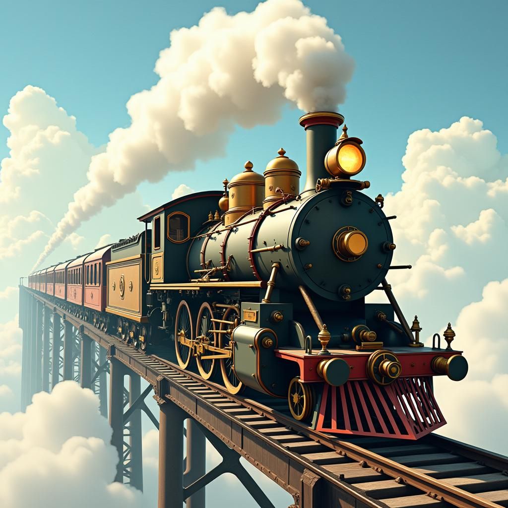 Steam Train Piercing the Sky in Steampunk Style