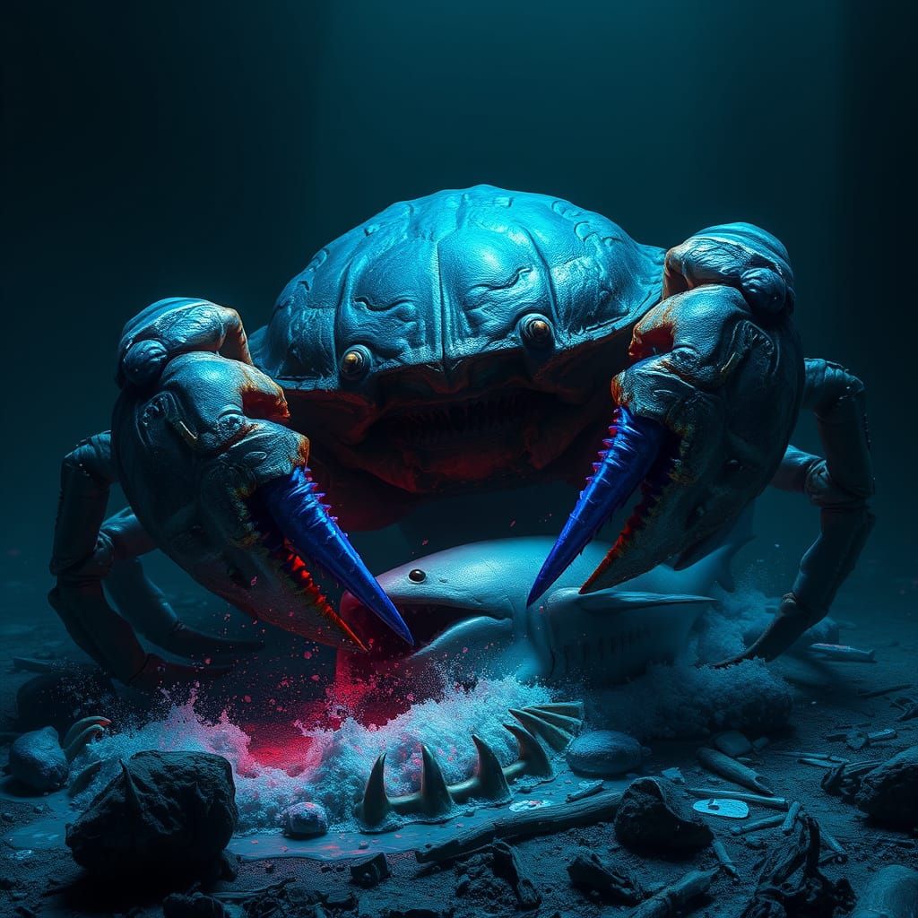 Ancient, Indigo-Colored Crab Devours Shark in Dark, Biolumin...