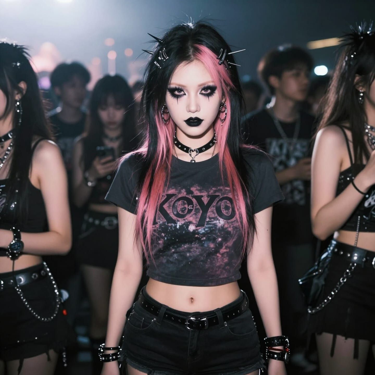 Punk Girl at Concert with Pink Hair and Dark Makeup
