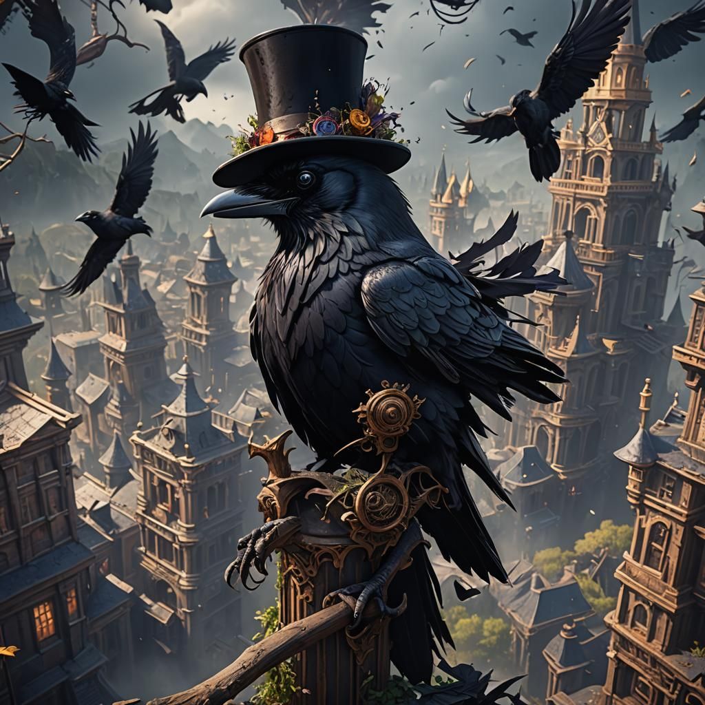 Raven in Top Hat: Detailed Matte Painting