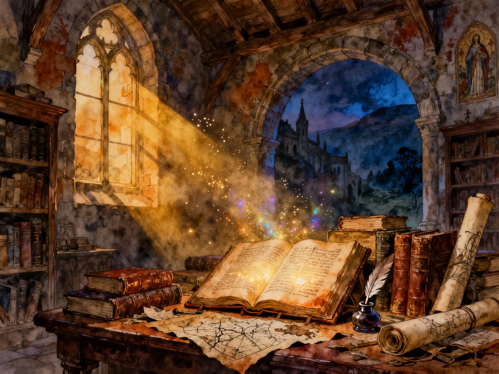 Ancient Monastery Library in Gentle Evening Light Illustrati...