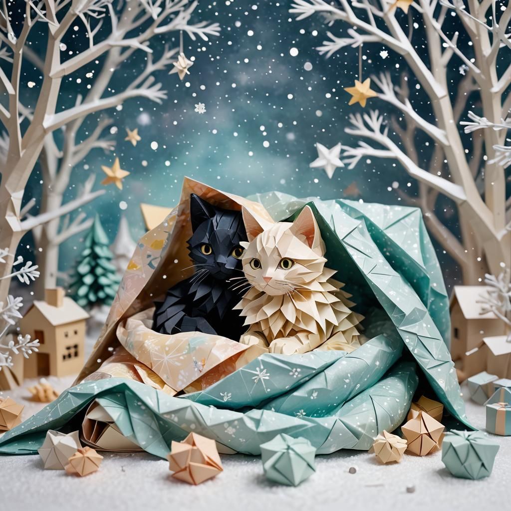 Whimsical Papercraft: Kittens Snuggling in Winter Scene