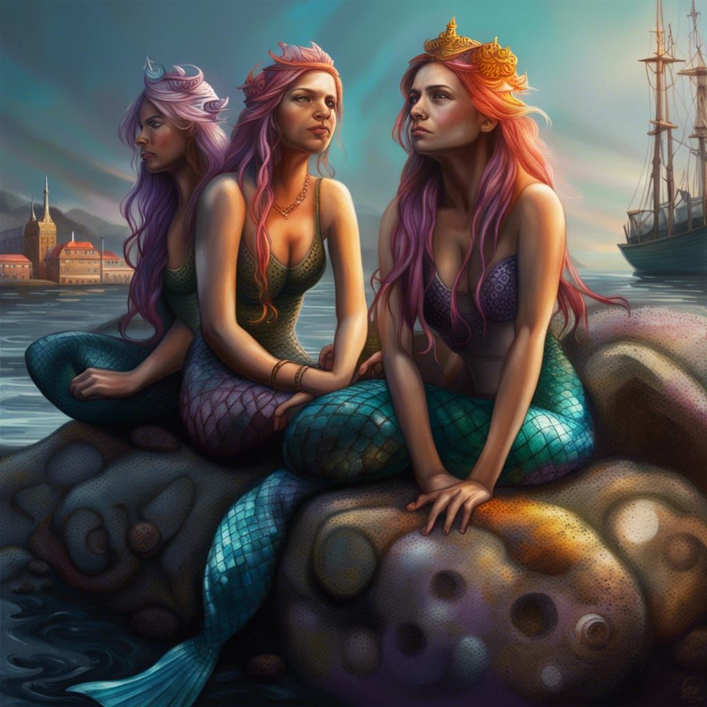 Mermaids sitting on a rock on a harbour
