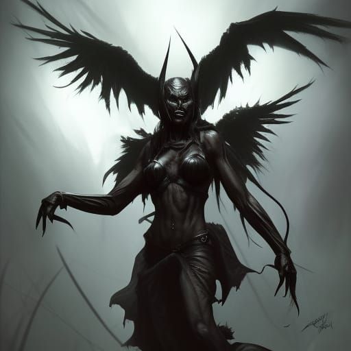 Dark Angel on Mountain Top with Sun Rays