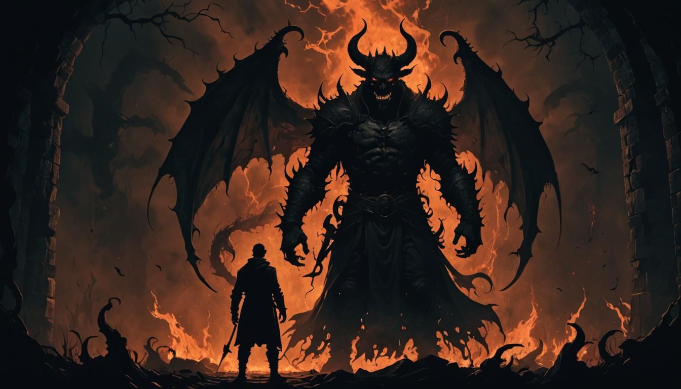 Man Confronts Demon in Medieval Horror Scene