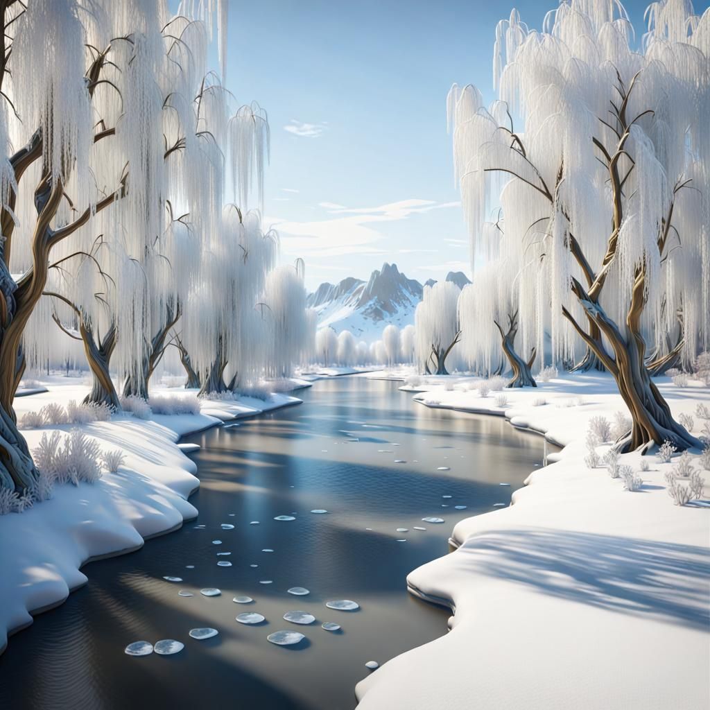 Frozen River Winter Landscape with Crystal City