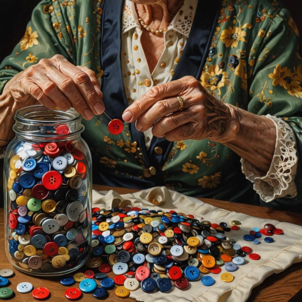 Hyperrealistic Oil Painting of Buttons and Old Woman