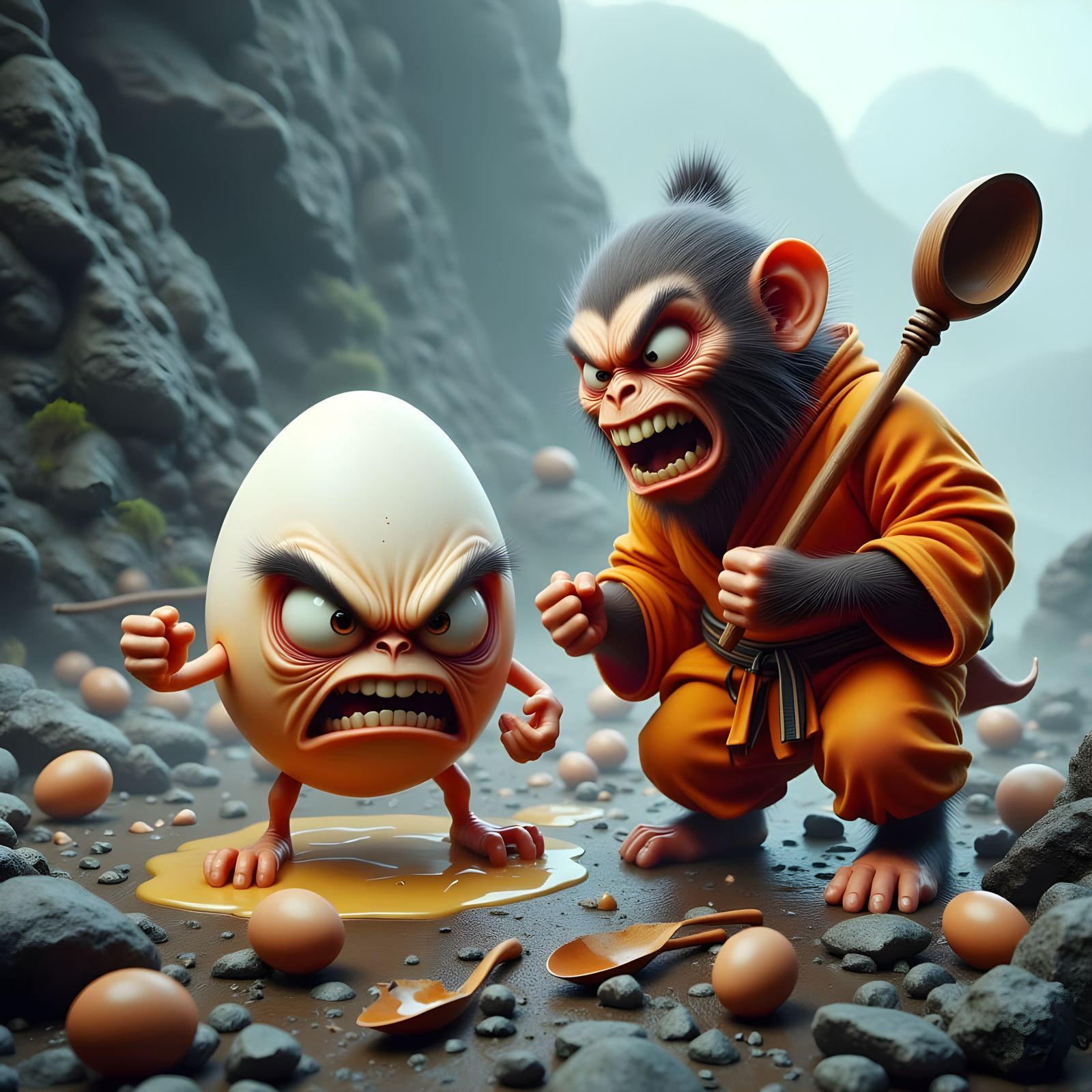 Angry Egg Meets Shaolin Monkey Monk