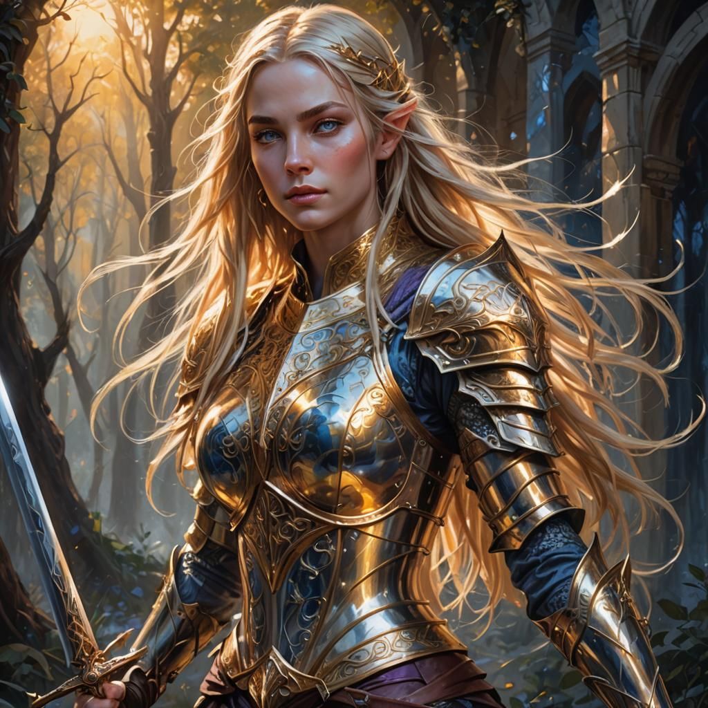 A Female Elven Knight of Light in gold and silver armor. Lon...