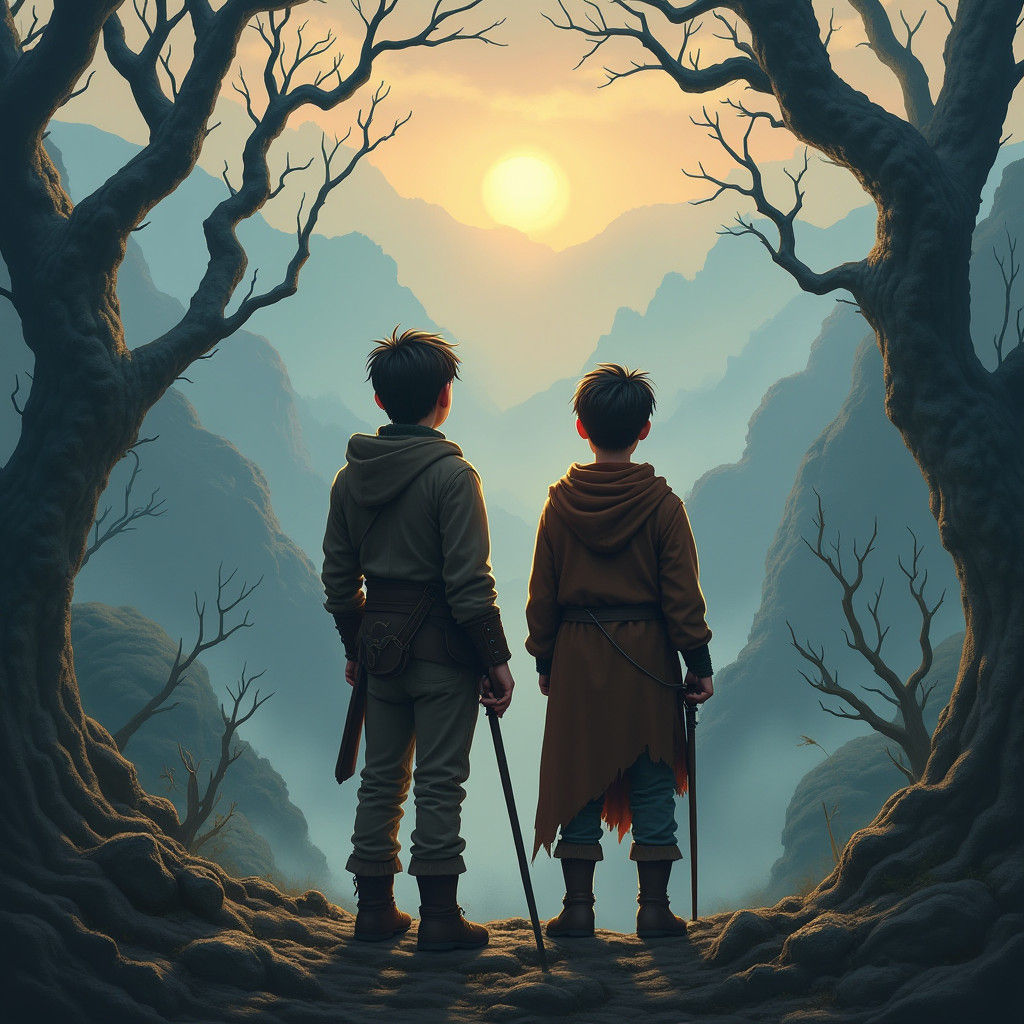 Mystical Valley Adventure: Boys in Fantasy Landscape