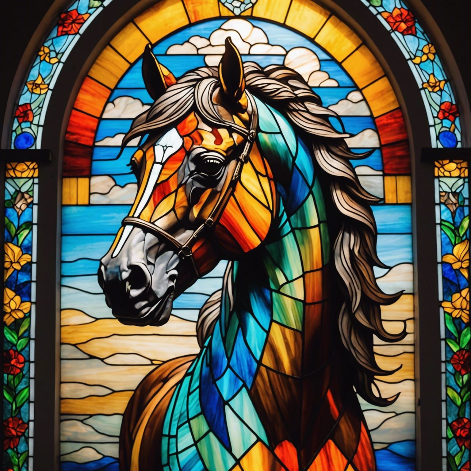 Rainbow Horse Head Stained Glass Window