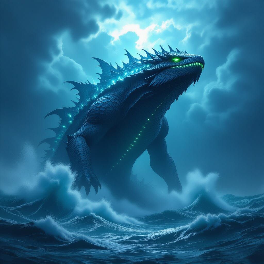 Colossal Leviathan Breaching Stormy Seas in Dark Fantasy Art