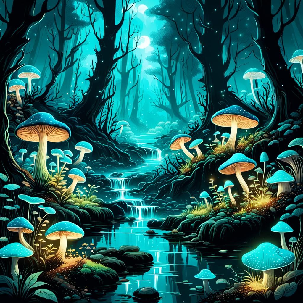 Turquoise Bioluminescent Forest: Fantasy Concept Art