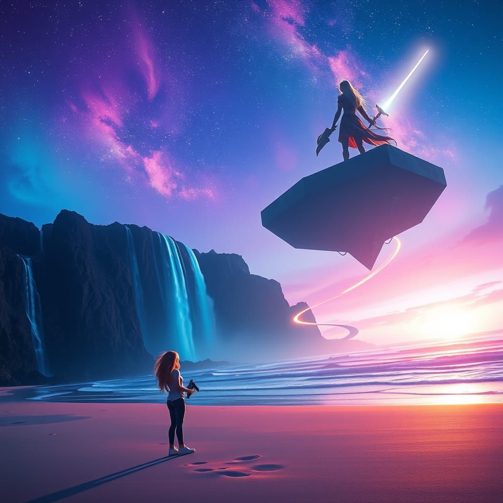 Girl Under Cosmic Violet Twilight Sky with Radiant Hair and ...