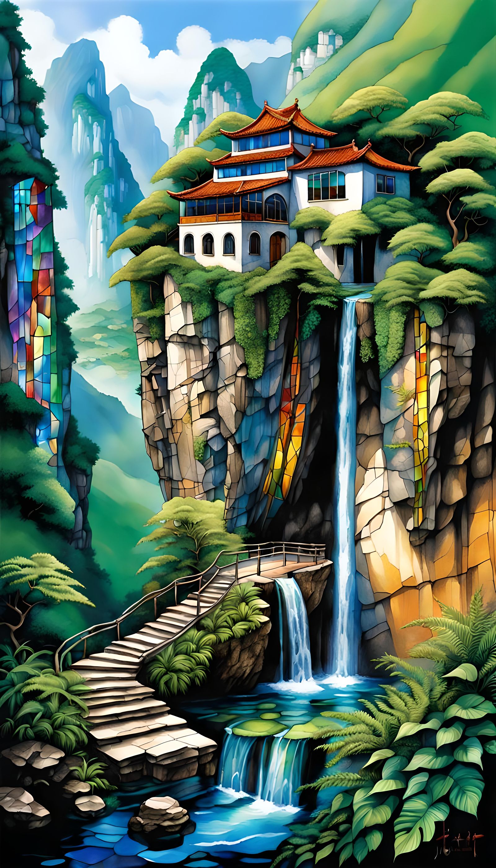 Cantilevered House on Karst Mountain in Liquid Ink Style