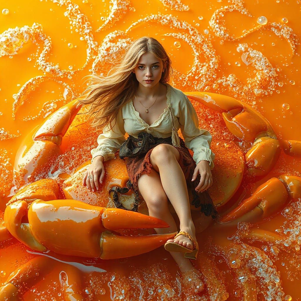 Woman on Gummy Crab in Dreamlike Soda Sea