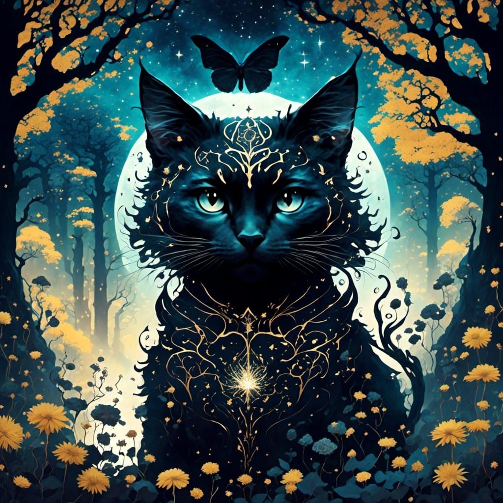 Black Kitten Portrait with Moon and Trees