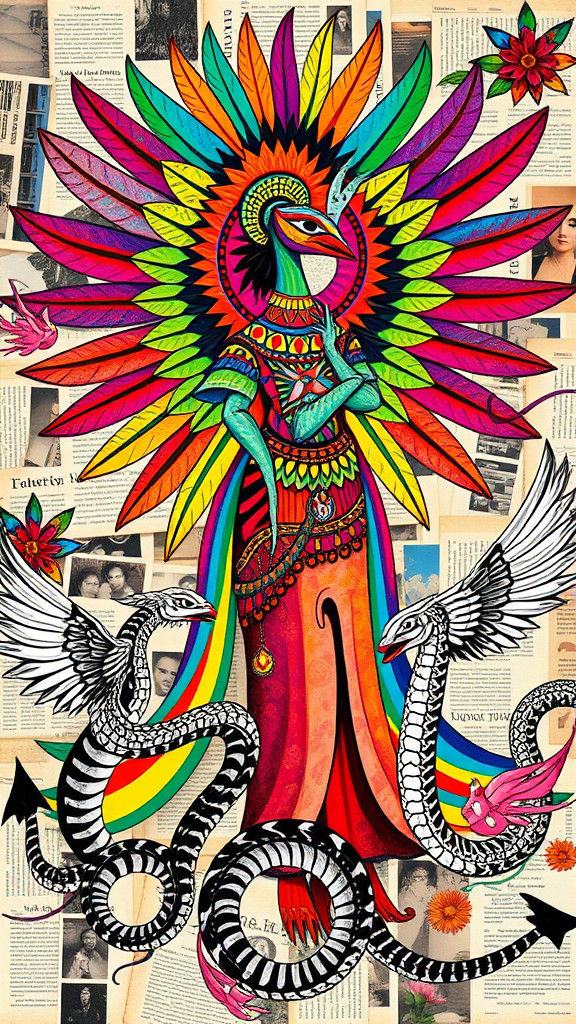 Rainbow Quetzalcoatl with Geometric Serpents in Dada Collage