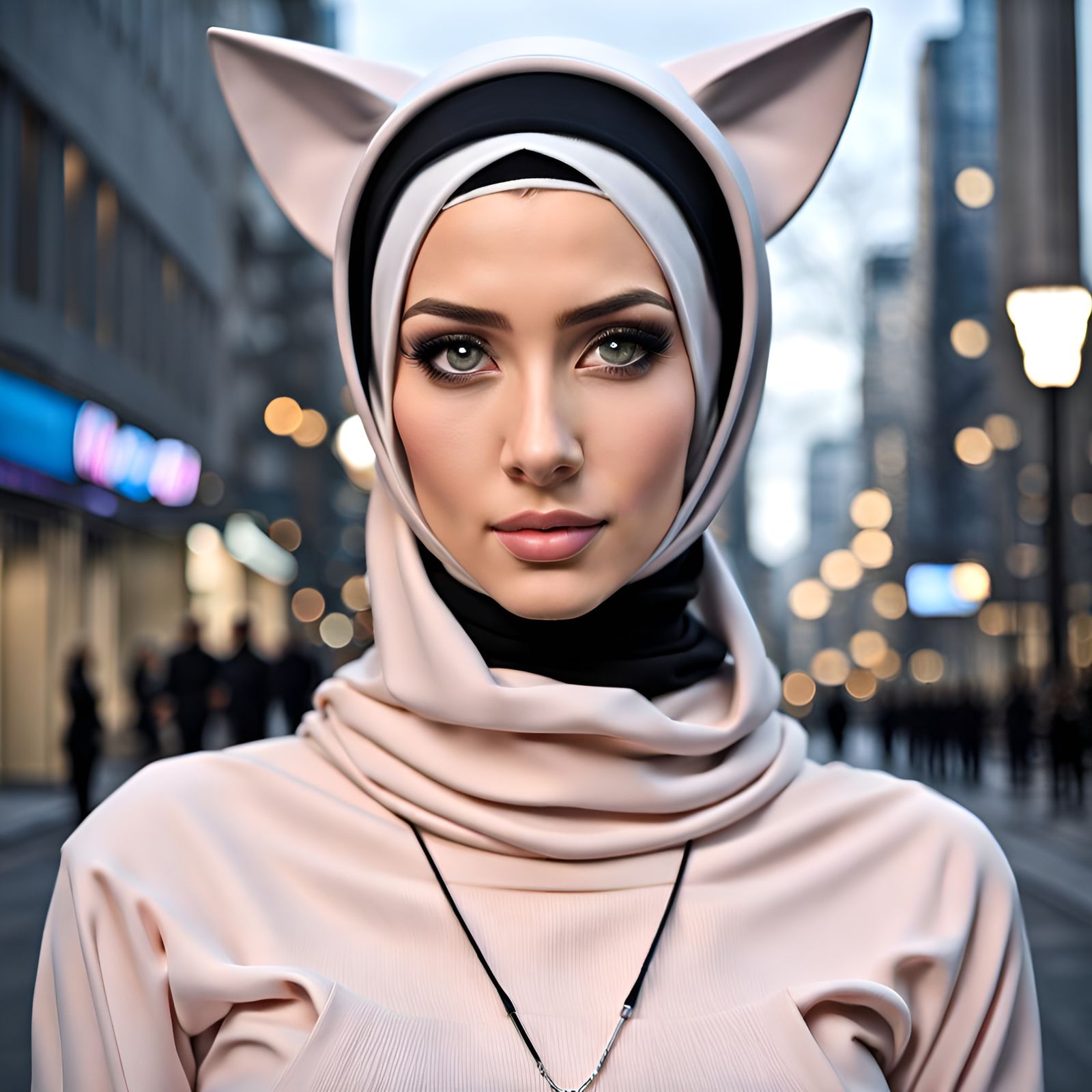 Hijab Catgirl Portrait in Modern Cityscape