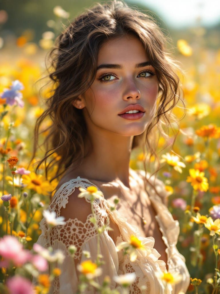 Empowered Woman in Sunlit Meadow, Ethereal Portrait