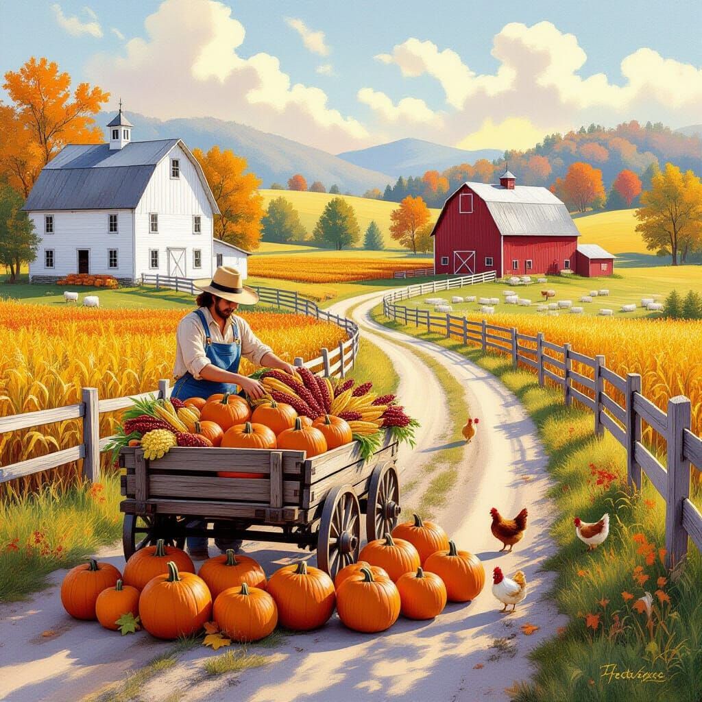 Autumn Harvest Scene: Farmer Arranges Gourds, Apples, and Co...