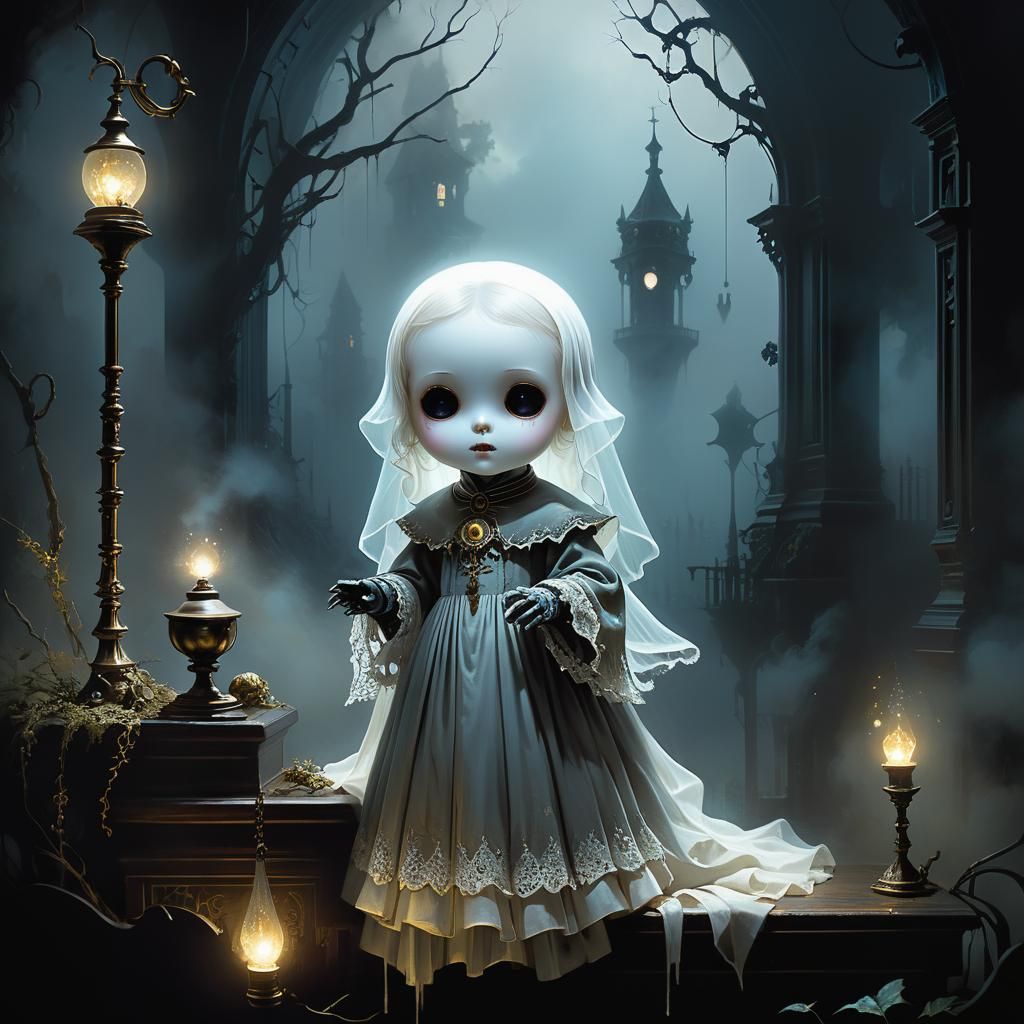 Victorian Chibi Ghost Portrait in Dark Fantasy Style