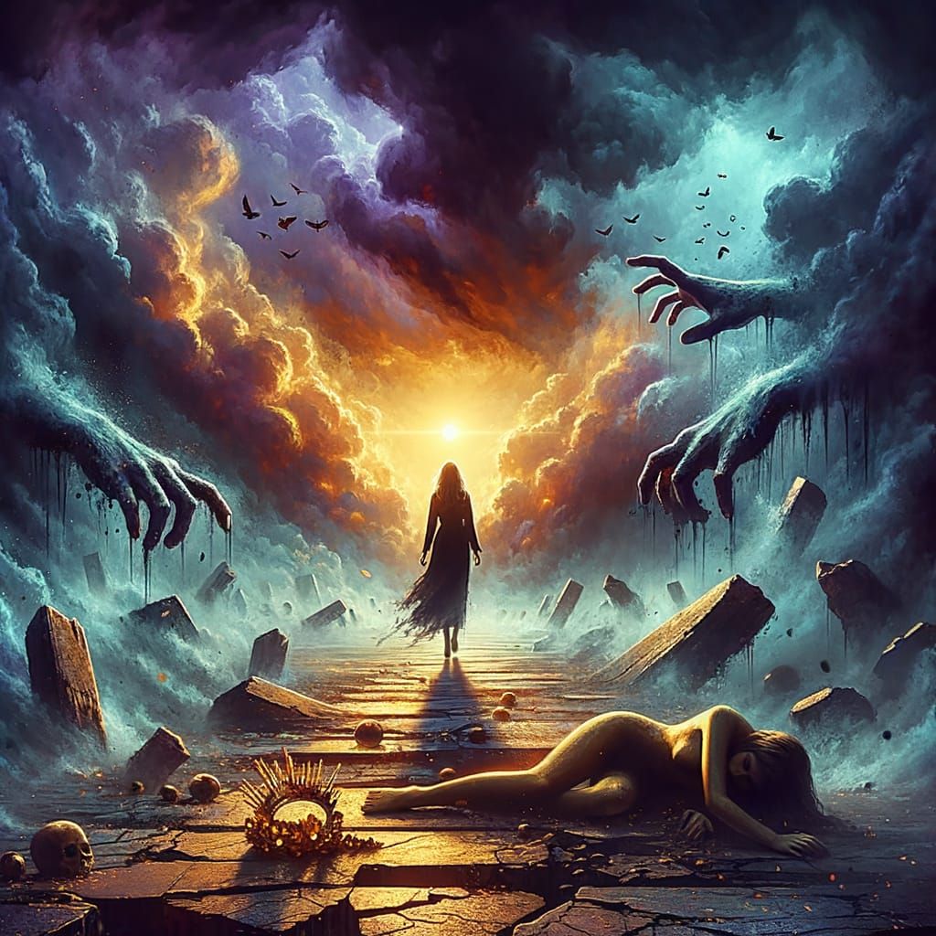 Lone Female Figure Walks Away from Shattered Path, Towards F...