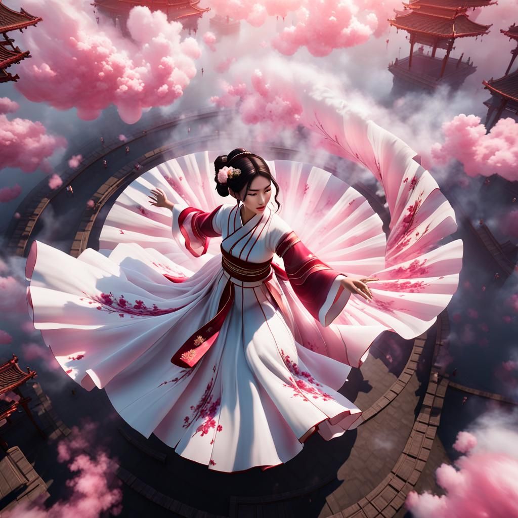 Crimson Hanfu Woman in Pink Cloud Spiral