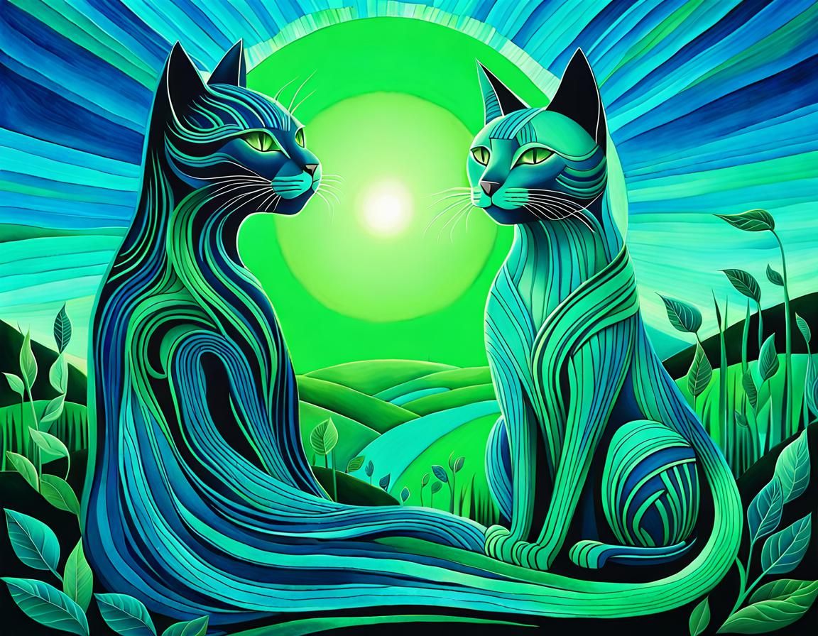 Green and Blue-Green Women in Art Brut Style