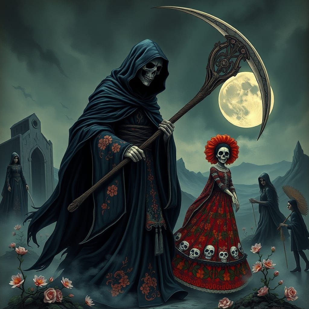 A regal, dark-robed figure wielding a scythe, representing v...