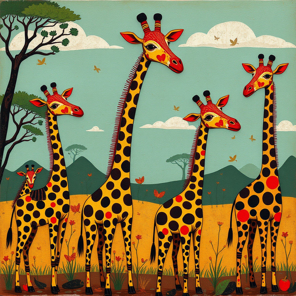 Whimsical Giraffes in Traditional Tinga Tinga Art