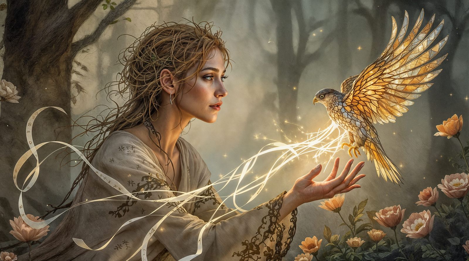 Irish Witch's Mystical Kestrel Renewal in Digital Fresco