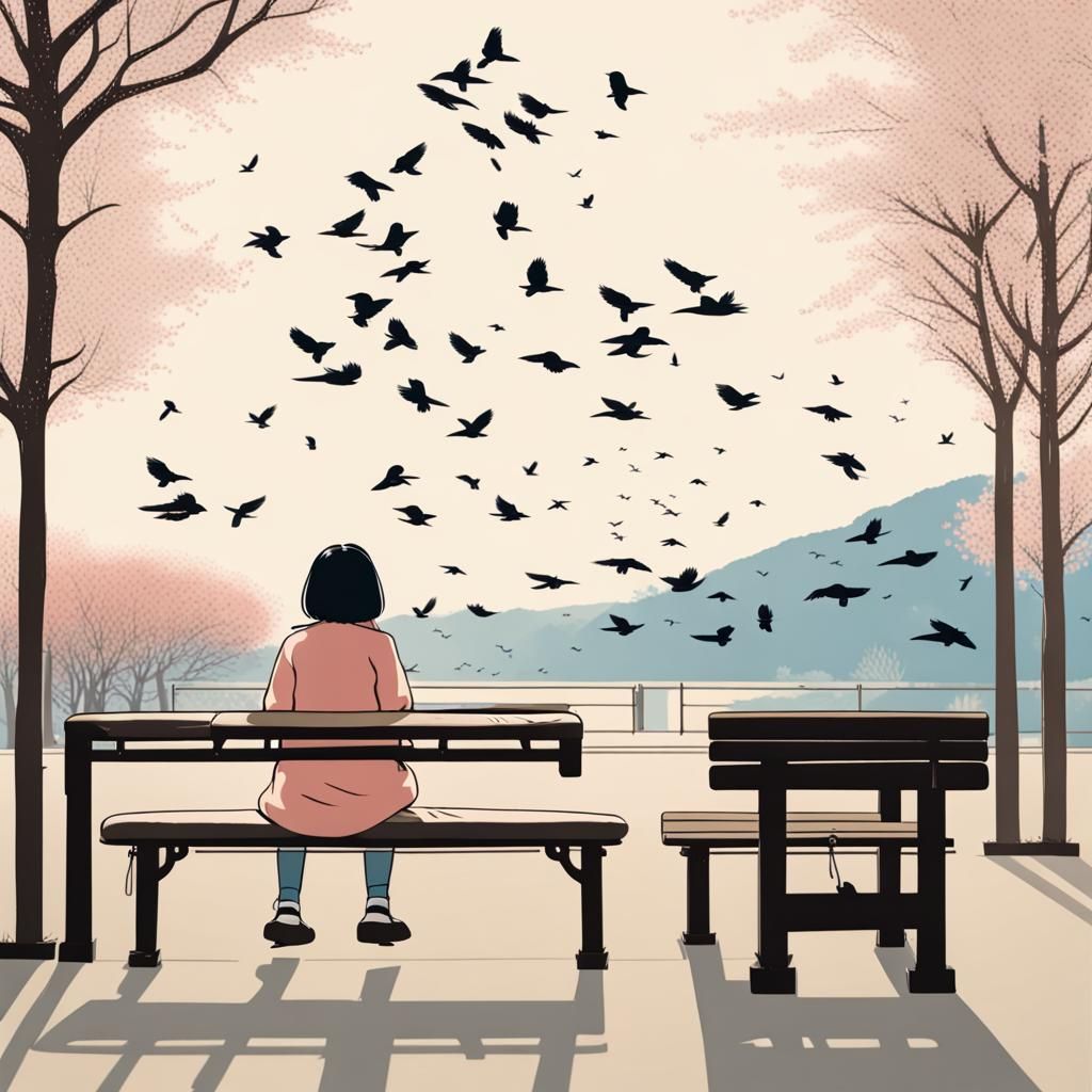 Korean Girl Watching Birds in Park